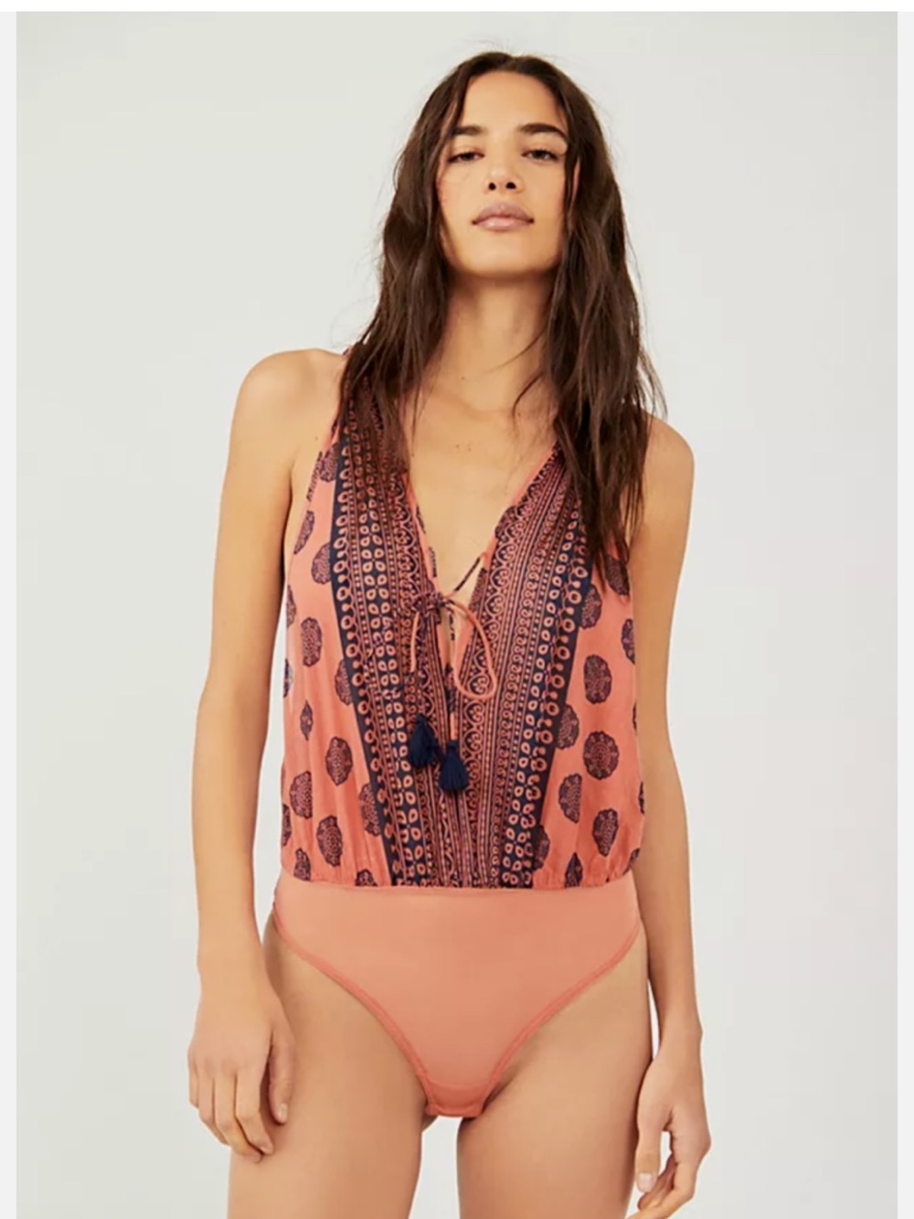 Free People Coral Printed Tie-Front Sleeveless Bodysuit